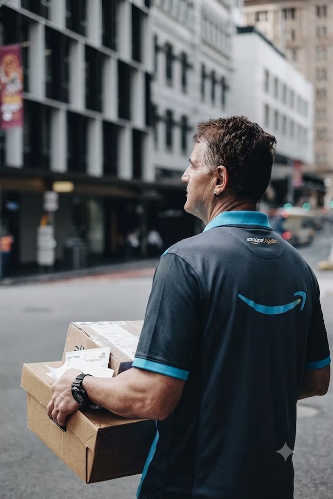 Delivery worker carrying a cardboard box on the street
